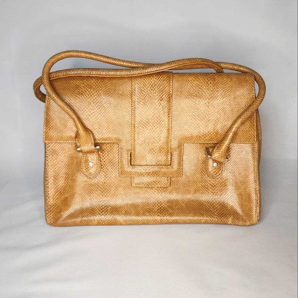 CHARLIE LAPSON Tan Leather Snake Satchel Handbag Purse - Picture 5 of 11